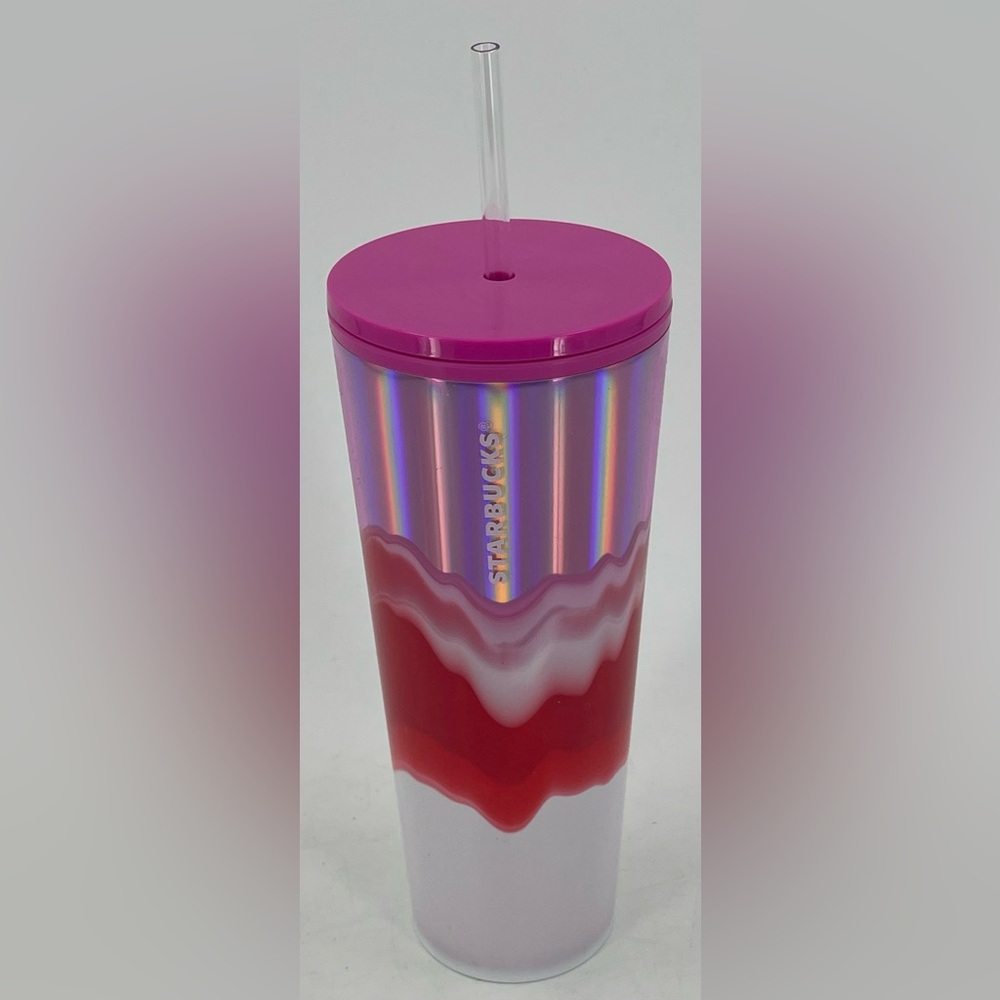 2021 Starbucks Winter Holiday Multi-Color Wave Pink Red & Metallic Tumbler 24 oz